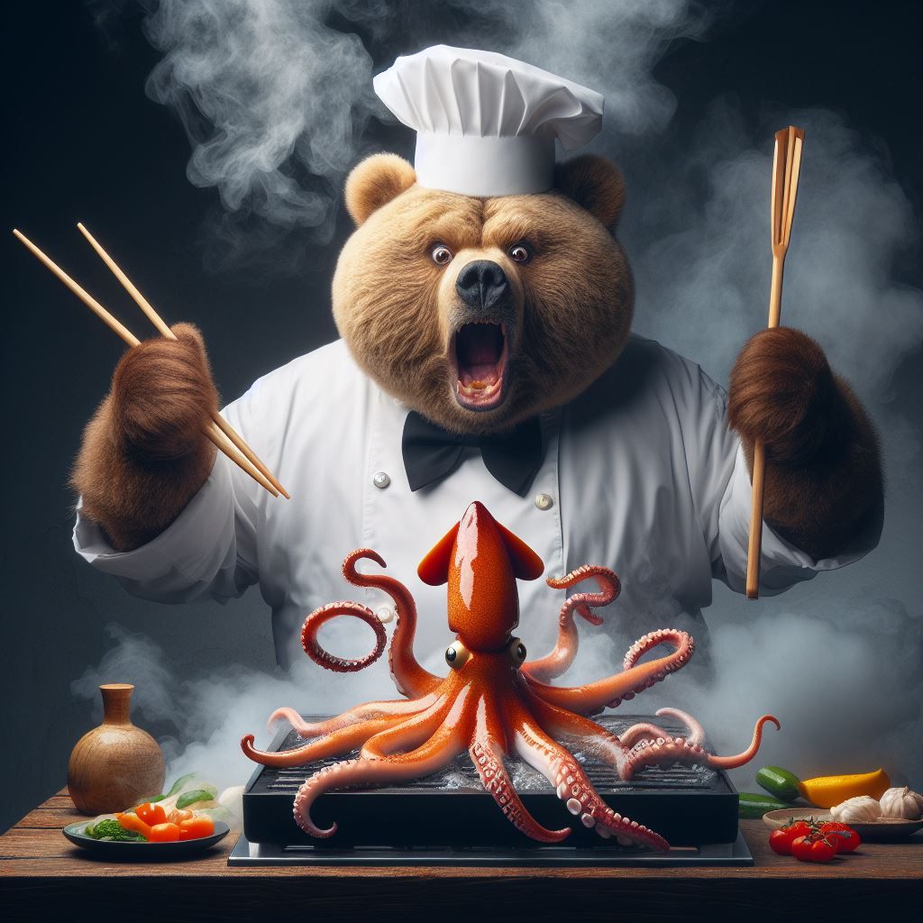 Master Bear Chef preparing a dish with living Squid