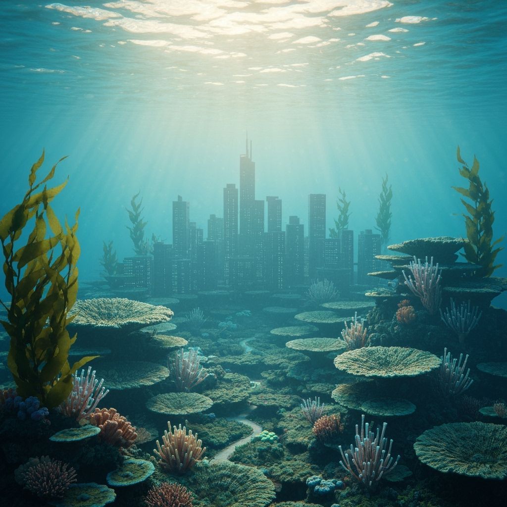 On the seabed lies an open shell, inside is a real ultra-detailed city made of pearls
