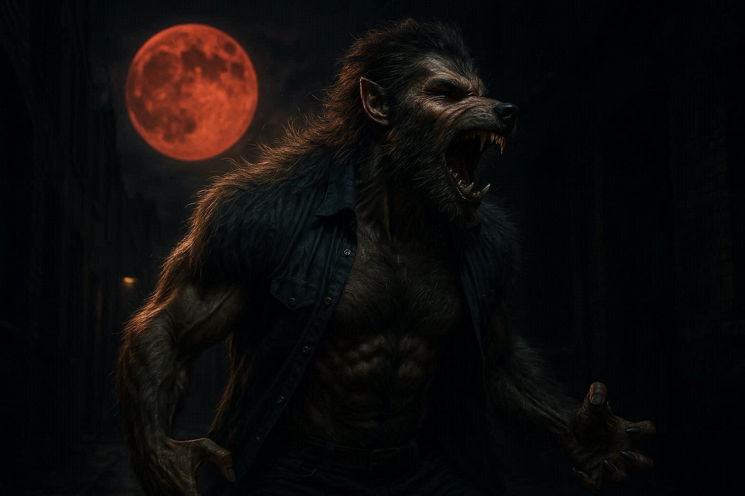 Savage werewolf shift from human to beast, hair growing rapidly, muzzle forming, powerful muscles bulging, blood moon overhead, dark alleywa...