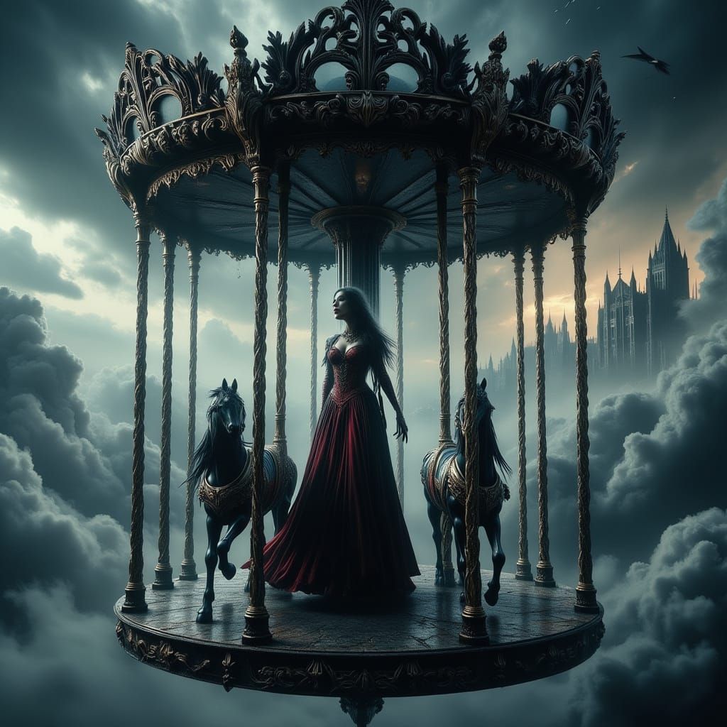 Gothic Surreal Portrait: Woman on Decaying Carousel