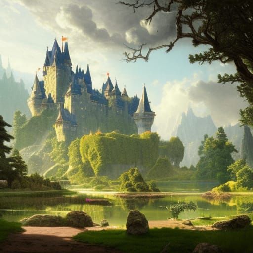 beautiful illustration of a bi castle in a serene landscape, by albert ...