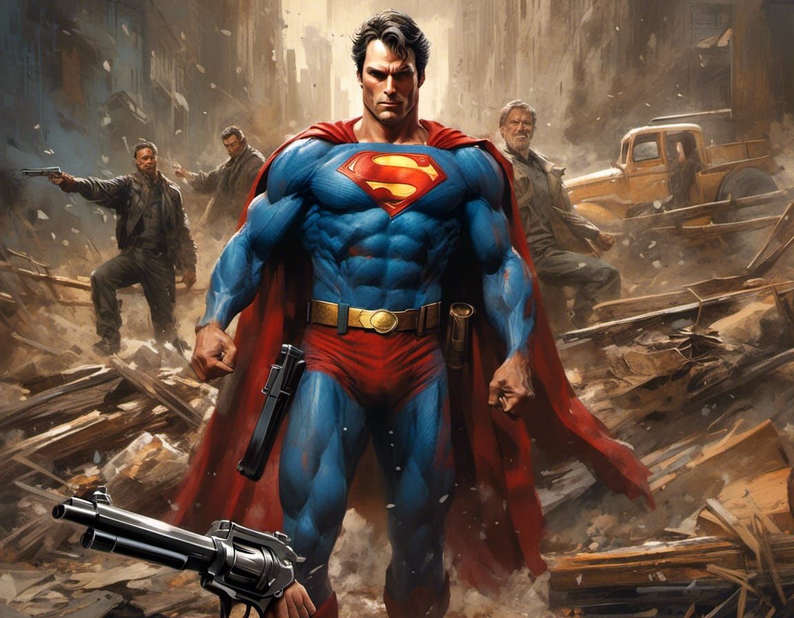 <lora:DWC:1.0> Clint Eastwood as Superman holding a .45 Magn...