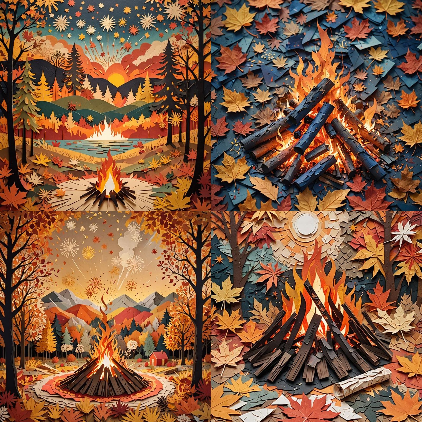 A large bonfire and fireworks set in a beautiful autumn scheme made layers of paper, Paper Collage, colourful, paper cra...