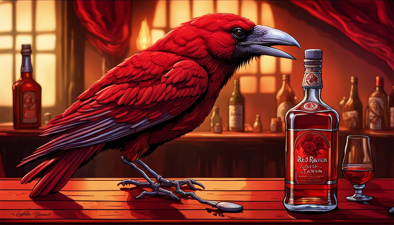Red Raven with a bottle of Four Roses Bourbon.