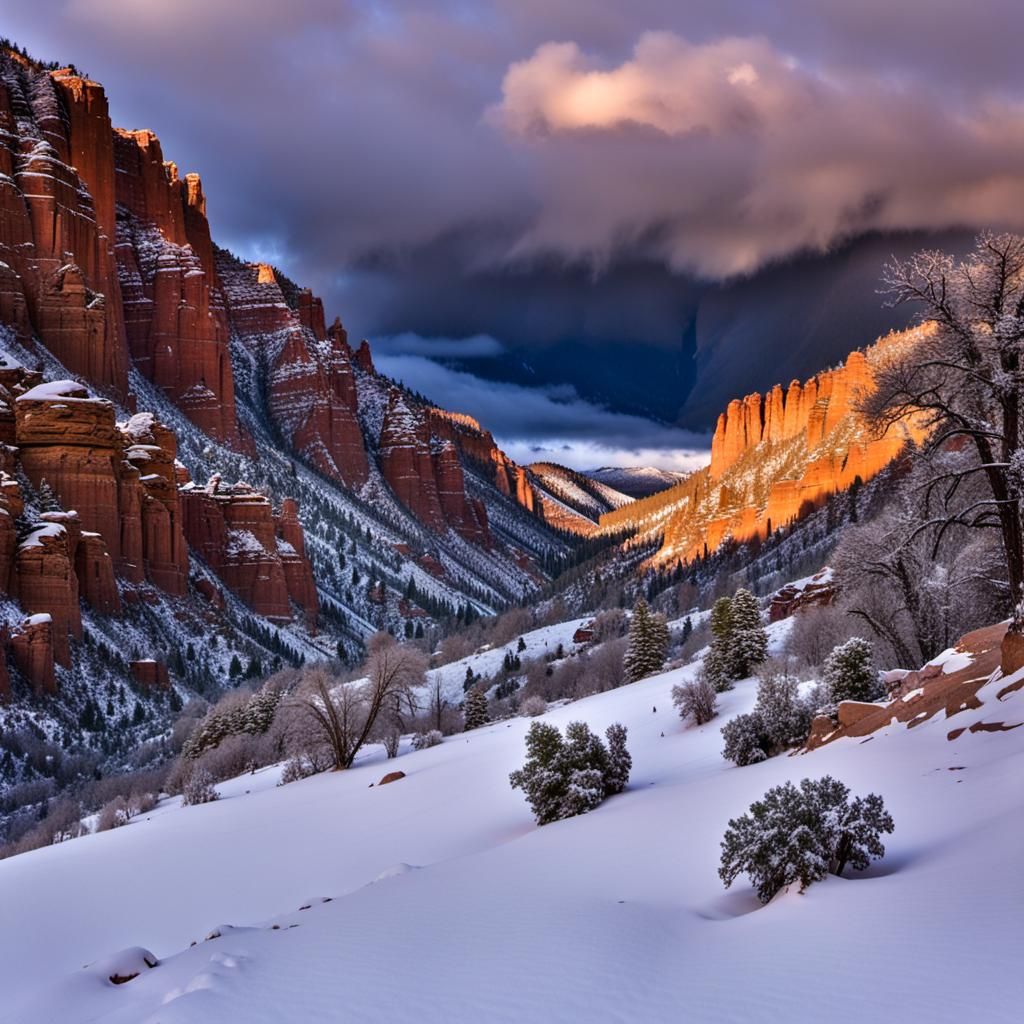 Snow storm coming into Cimarron  canyon at sunset