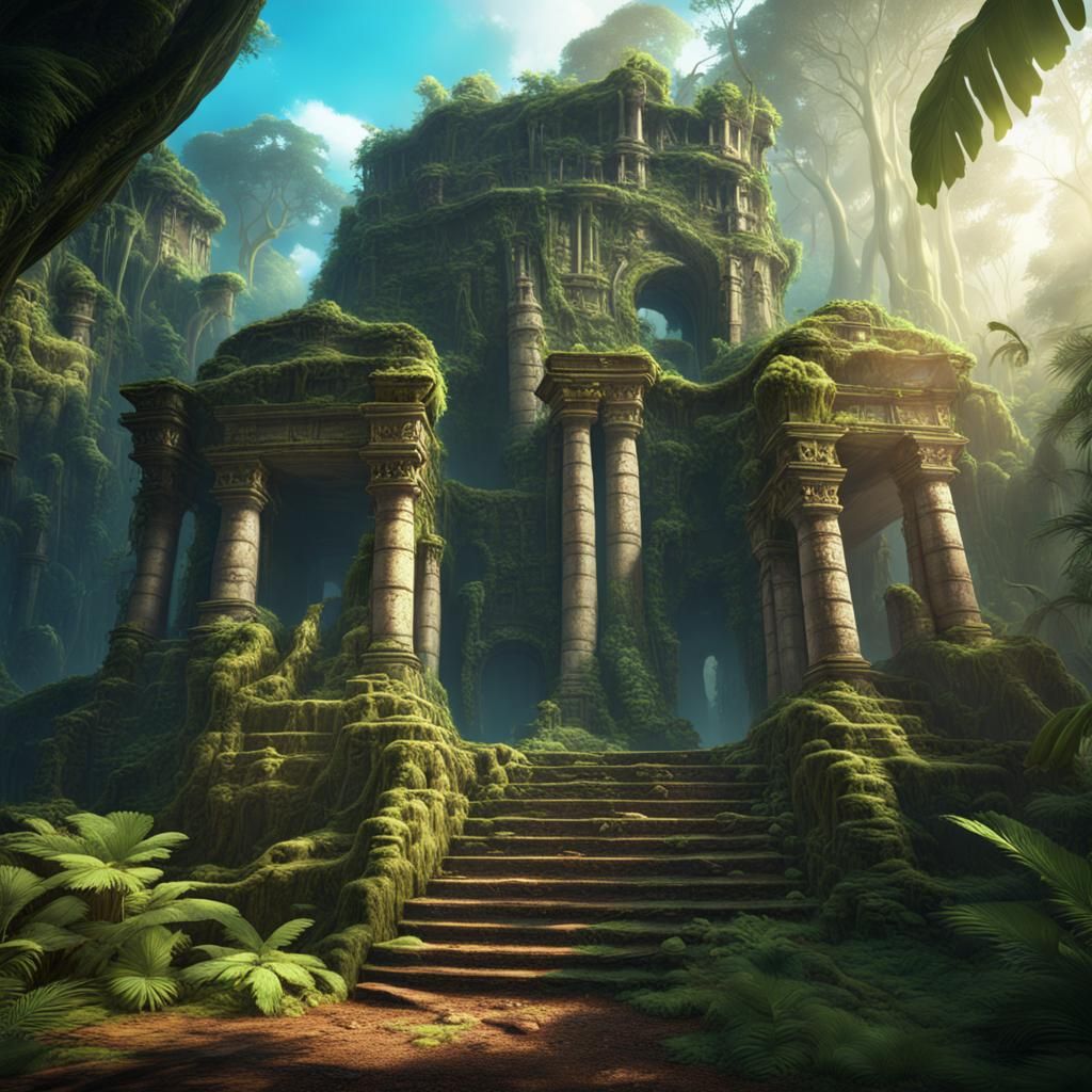 ancient ruins of a tomb in the sunny 
rainforest
