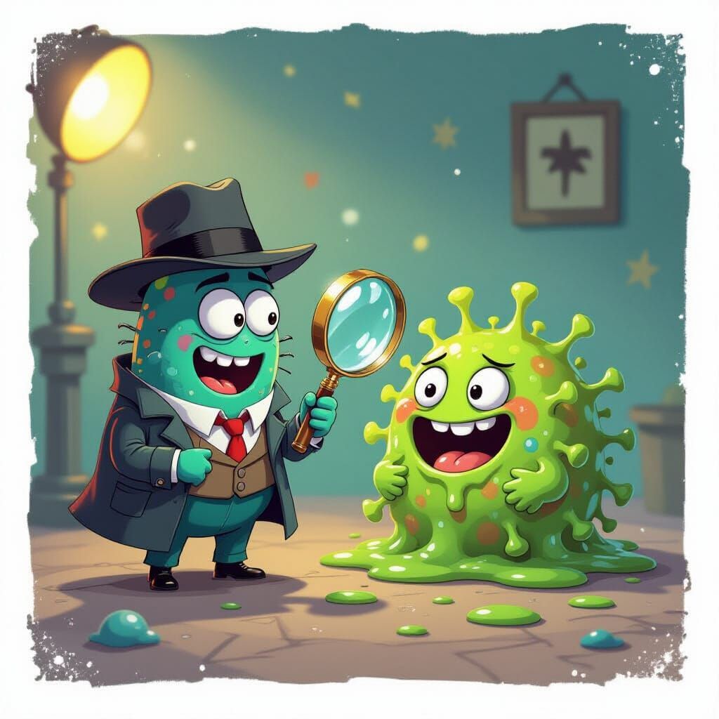 A noir-style microbe detective wearing a miniature hat and holding a magnifying lens the size of its whole body. It inspects a suspiciously ...