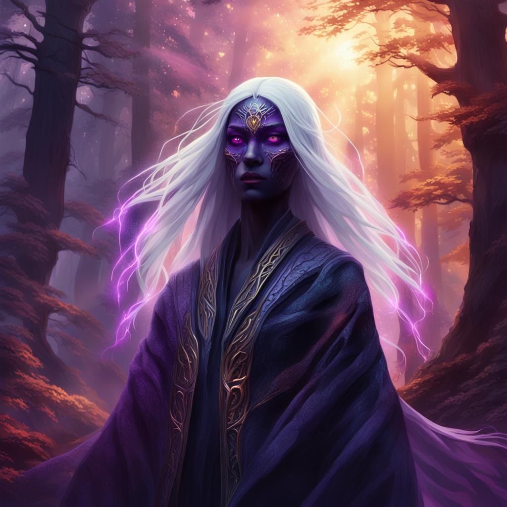 The humanoid woman
has deep purple skin with shining facets like sequins, and an
angular, elf-like face. Her long white hair is gathered in...