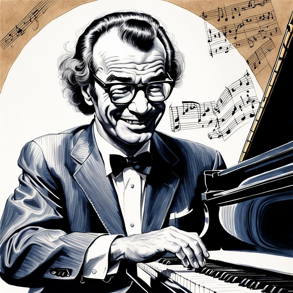 portrait DAVE BRUBECK, VINTAGE jazz, groovy, fine art, pencil and ink, Mark Brooks