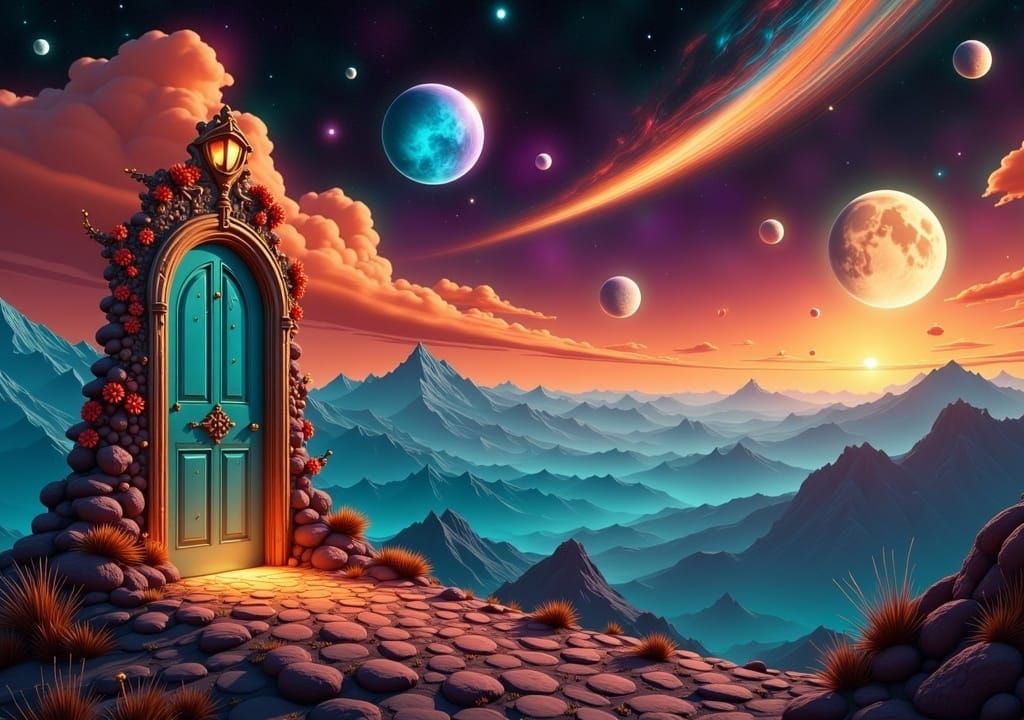 A fairy doorway set against a captivating and highly detailed 8K matte painting of a cosmic landscape at night. The sky is filled with vibra...