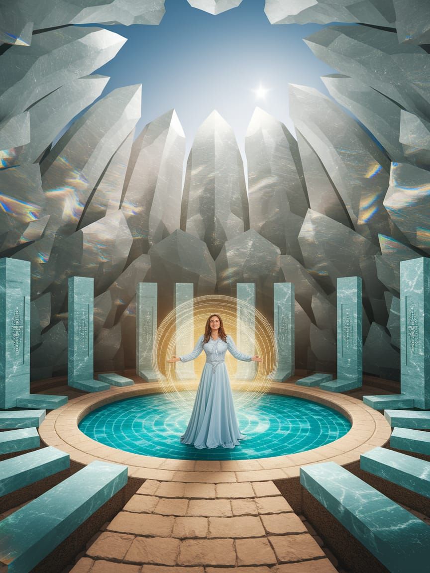 Inside a grand Lemurian crystal temple shaped like a lotus blossom, walls of translucent crystal shimmer with inner light, casting rainbow r...