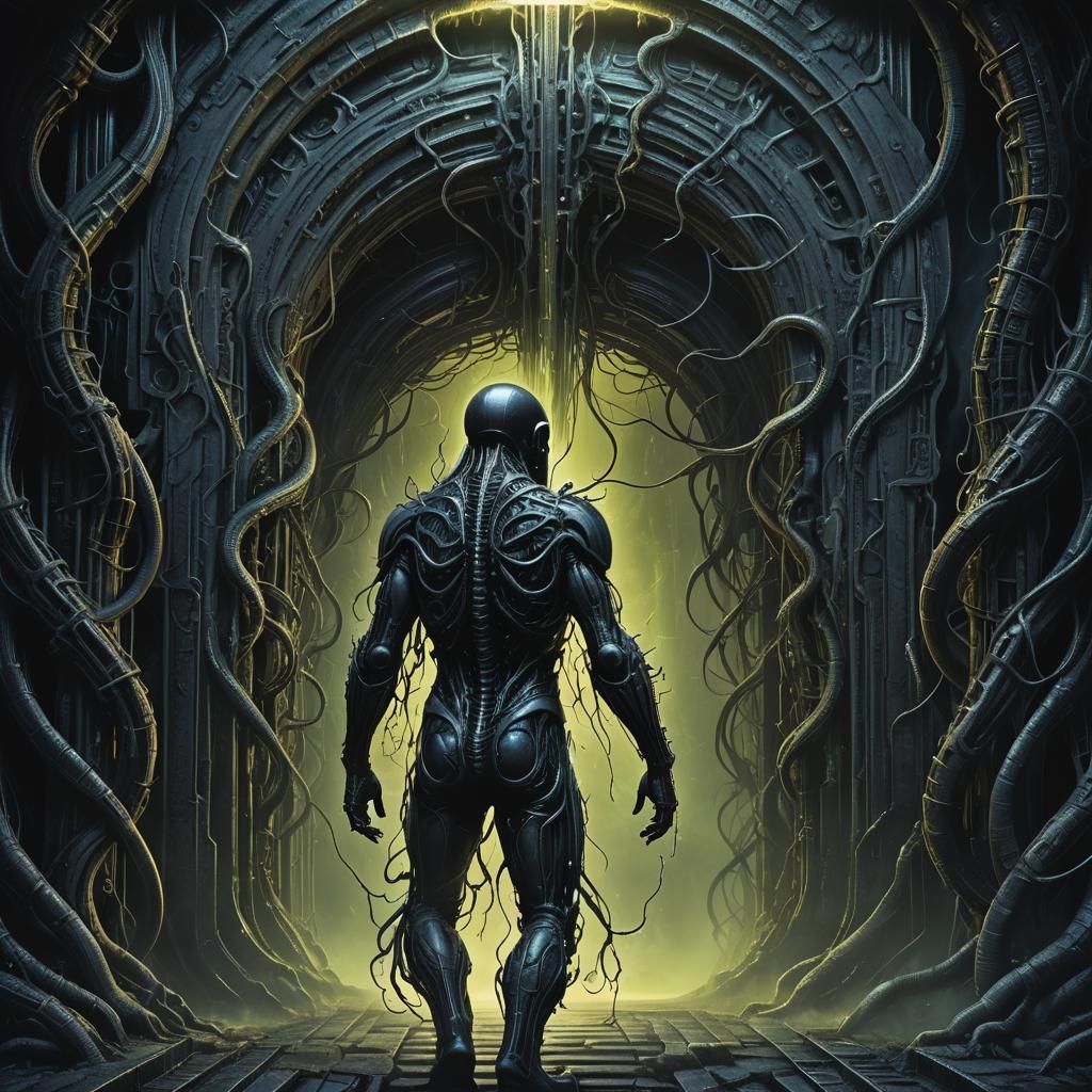 Mysterious Figure Enters Portal in Dark Fantasy Style