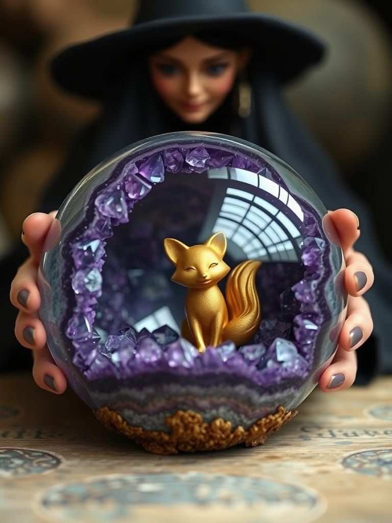 magical orb, little gold fox figurine hiding inside amethyst...