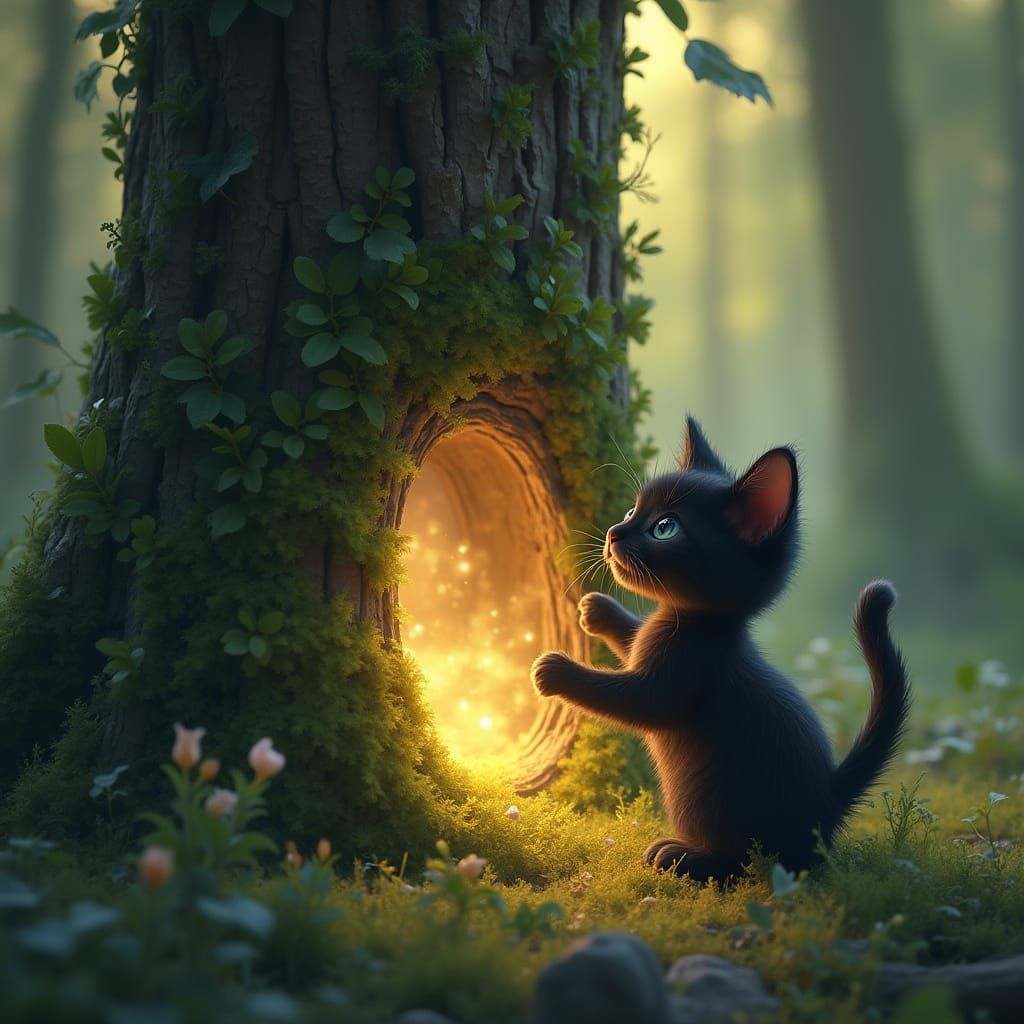 How It All Started : A whimsical black kitten, rendered in the style of a classic storybook illustration, discovers a hidden portal in a moss-covered tree trunk...