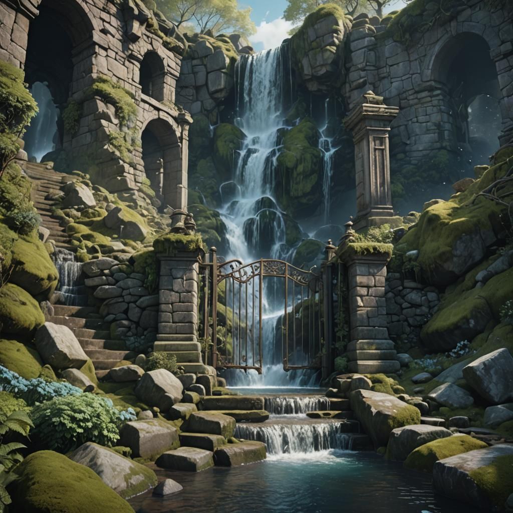A waterfall falling down of a gate over all of stone steps i...