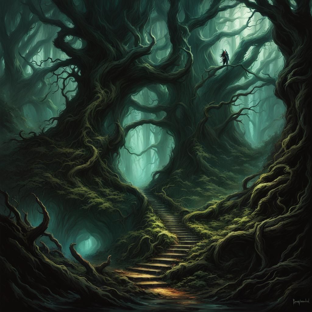 Eldritch forest, dark fantasy art, in the style of Raymond Swanland ...