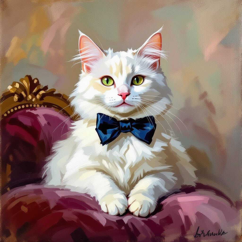 White Cat with Bow Tie in Impressionist Style