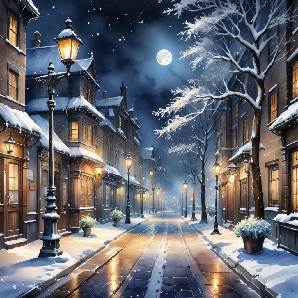 Night city, street lights, snowy street  by @EllaMoonDesign