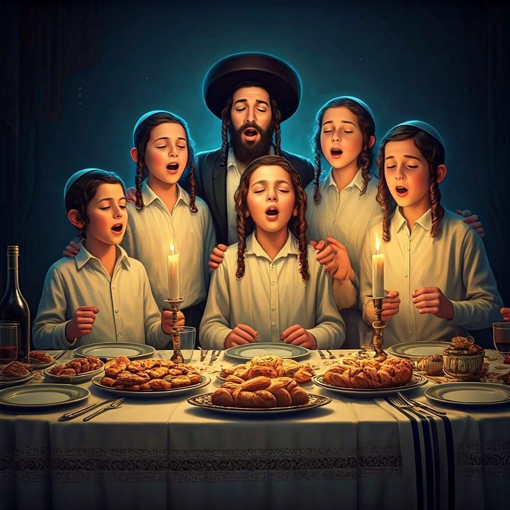 Jewish Family Celebrates Shabbat with Traditional Attire and...