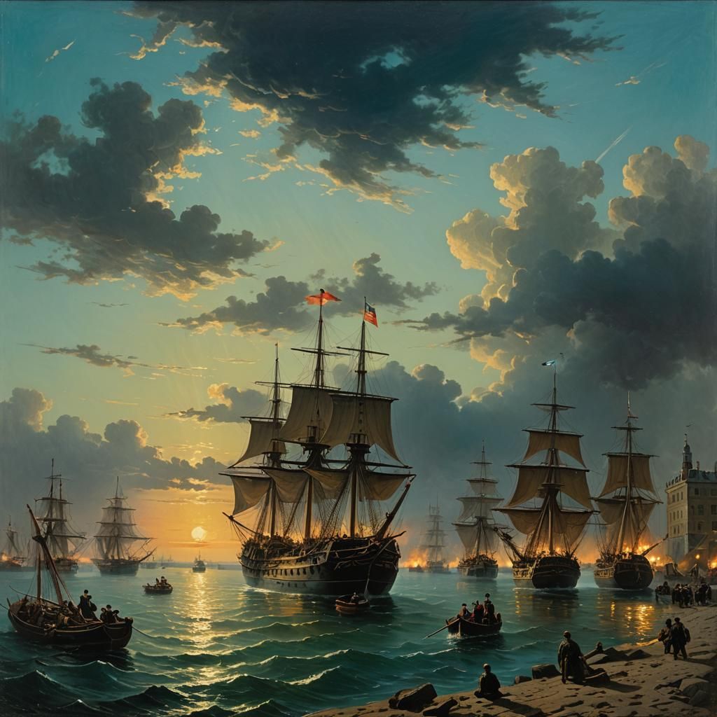"Kronstadt raid with ships in the evening"