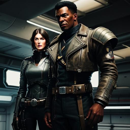 dieselpunk black man fighter pilot with tall white woman