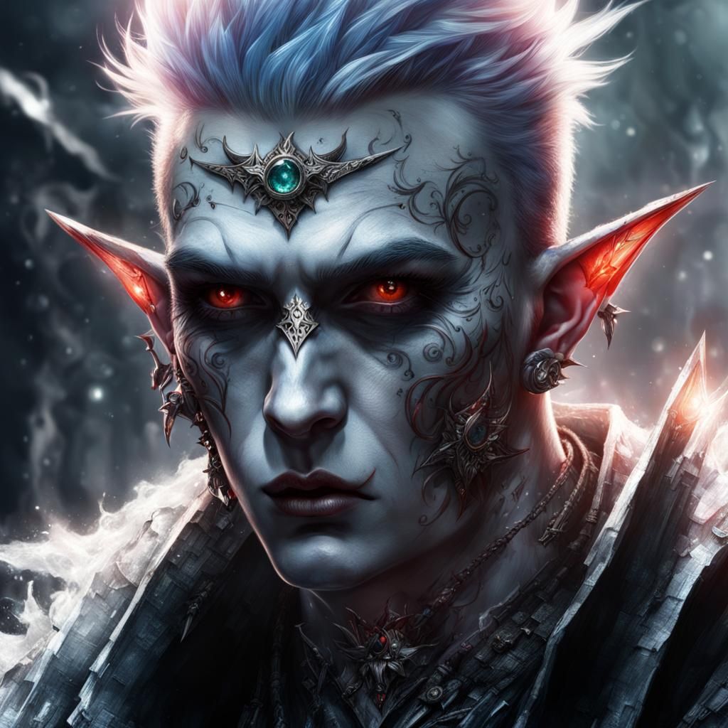 Une Elfe Vampire-Punk, de face, vue depuis le sol, des tatouages sur le visage, le corp armure en crystal, ...  by @Djzebuloni