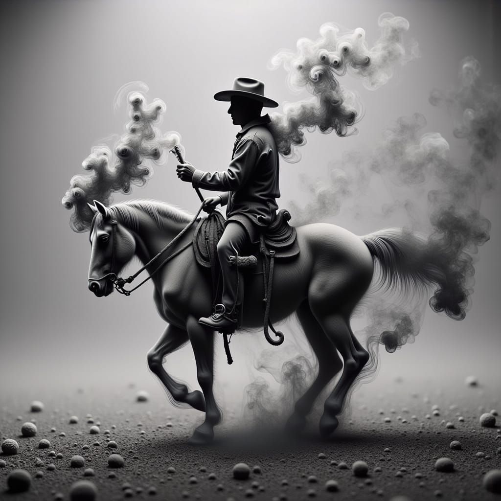 <lora:smoky:1.0> smoke drawing of a cowboy on horseback. drawing with smoke. By Jim Dingilian