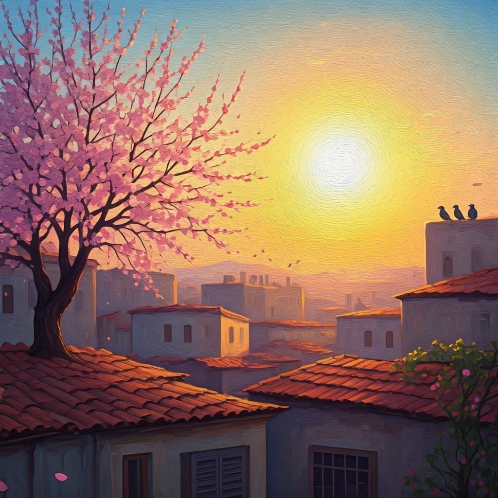 Vibrant Almond Tree Blooms in Impressionist Style