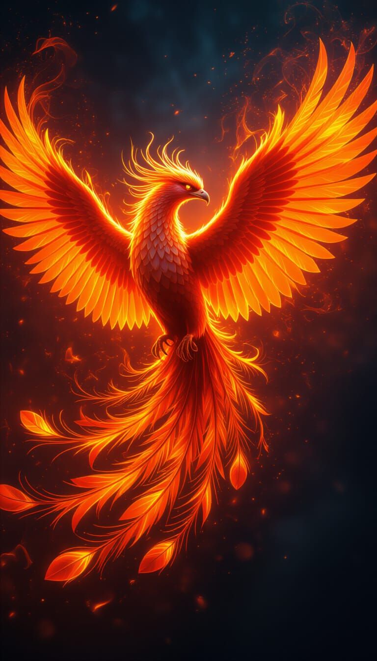 Fiery Phoenix with Ethereal Feathers in HDR