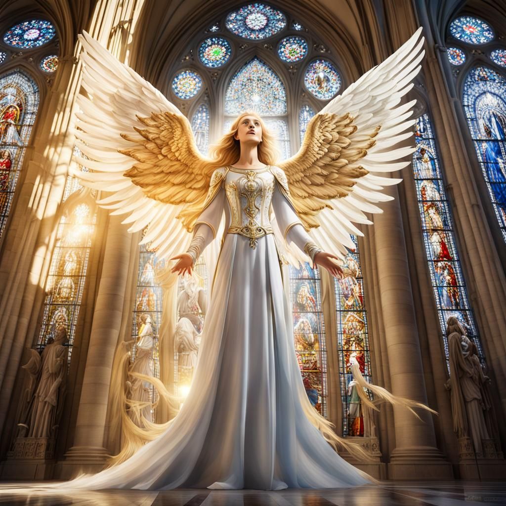 In a breathtaking, sunlit cathedral adorned with intricate stained glass windows, a majestic angel stands at the center, radiating an ethere...