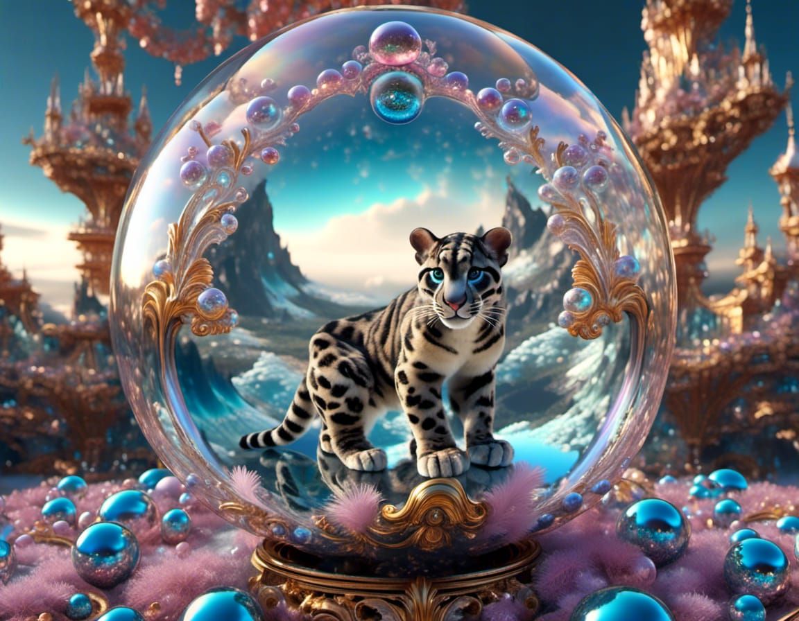 Clouded_Leopard, Cliff, Glass, Rococo, Cosmic, Infinity, Iridescent, bubblescape <lora:Bubblescape:1.0> 