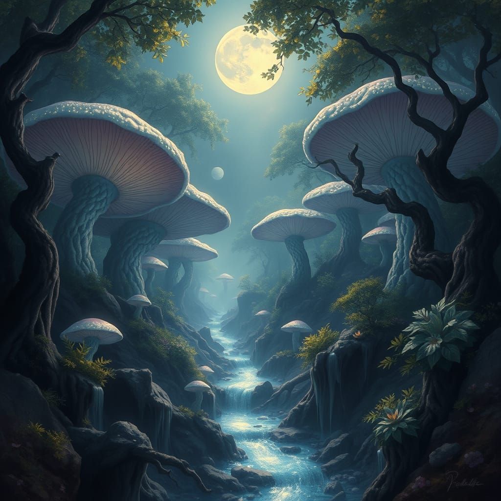 Mystical Valley of Giant Mushrooms in Twilight