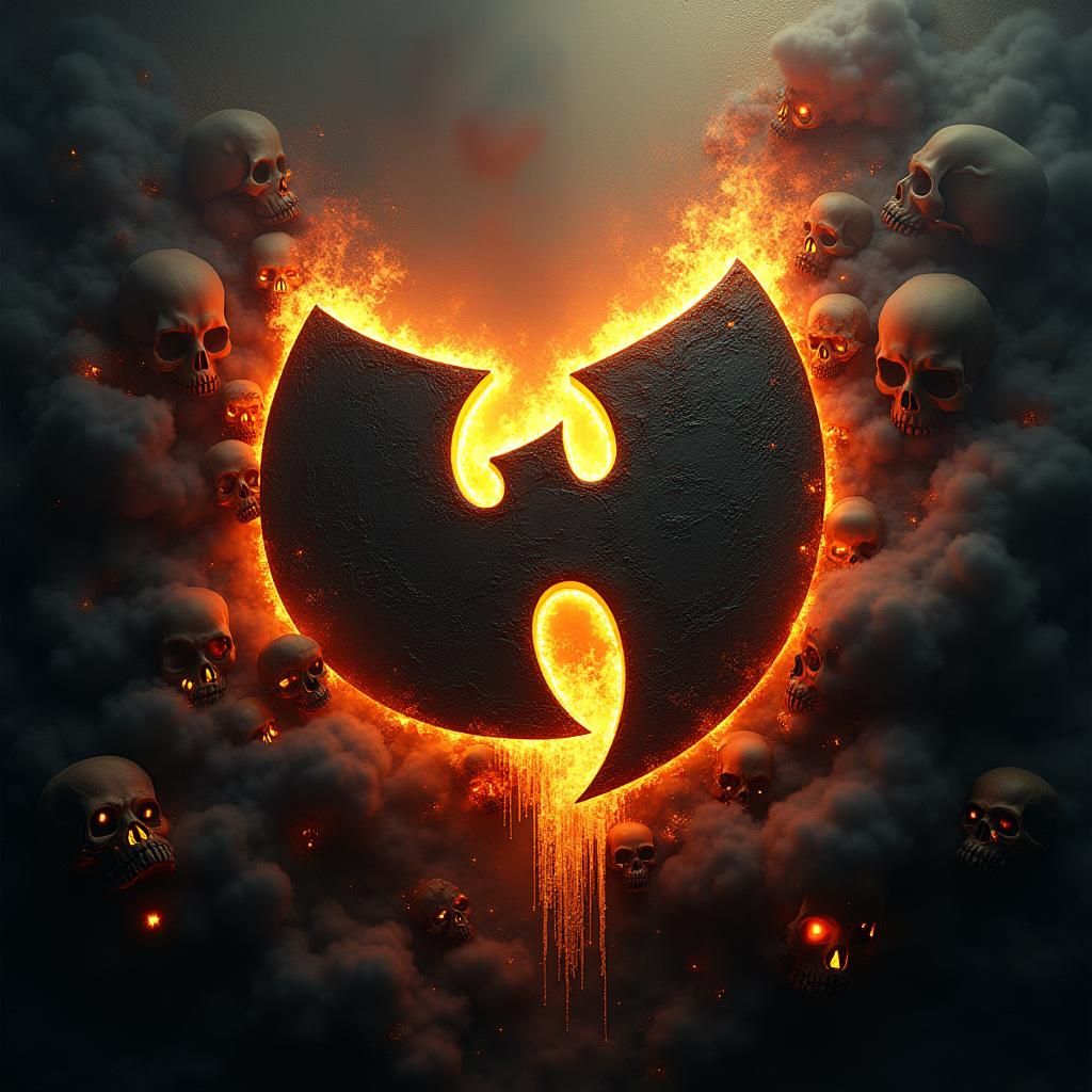 wu tang  logo with fire and shadows and skulls