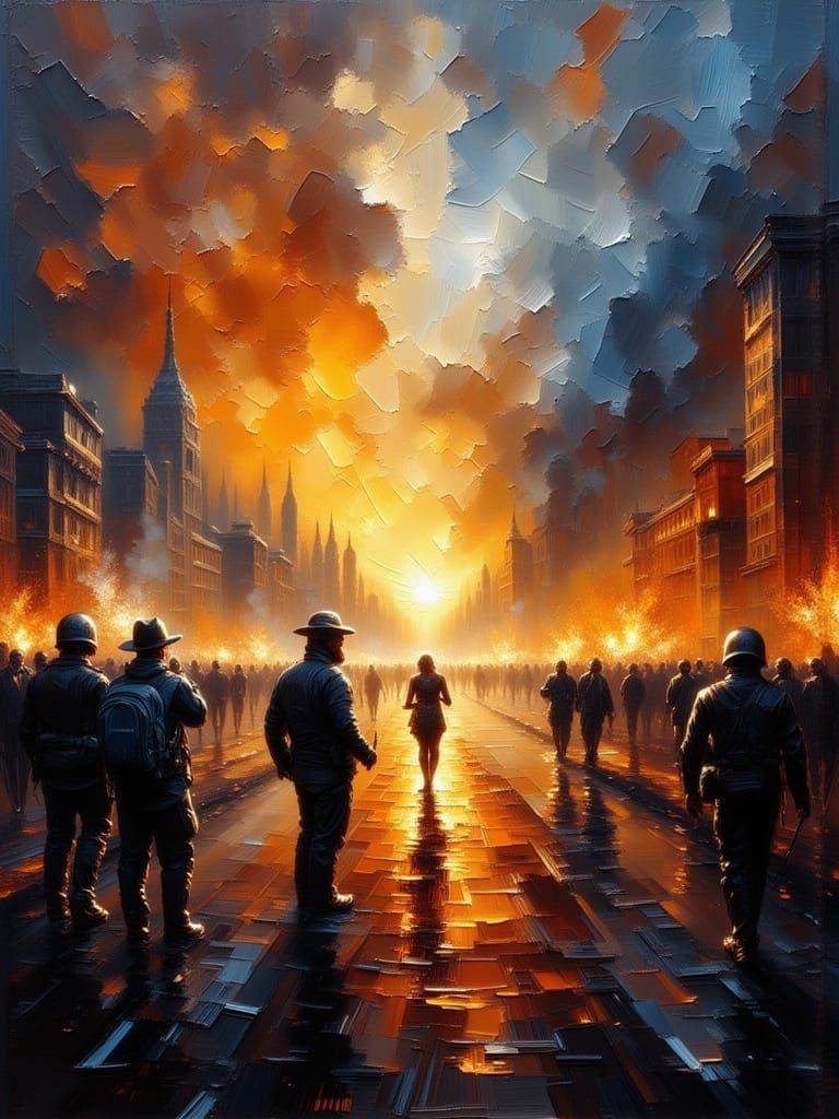 Civil Unrest Oil Painting with Dramatic Lighting
