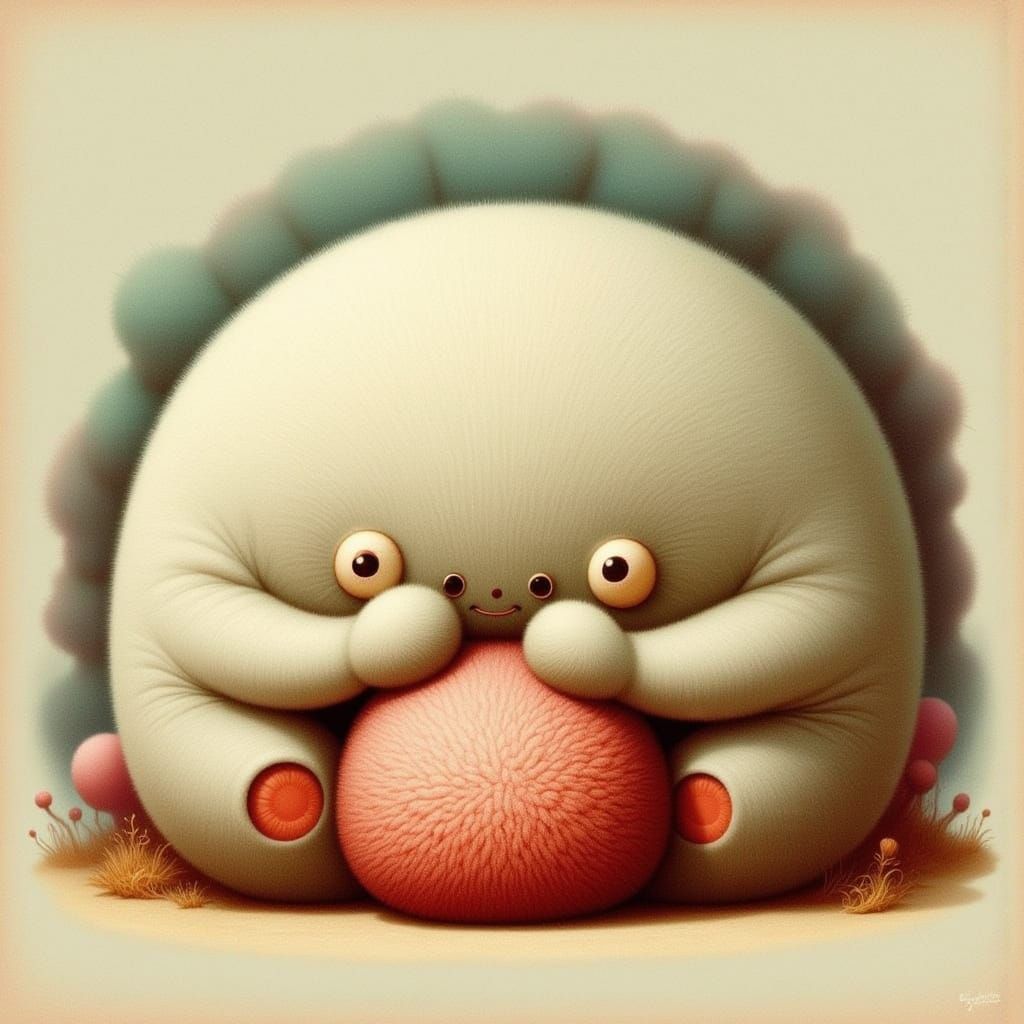 <lora:Pillow Monsters:1.0> <lora:CRAWDAD SONG:1.0> A large, fluffy pillow monster with stubby arms and round, friendly eyes, embracing a pet...