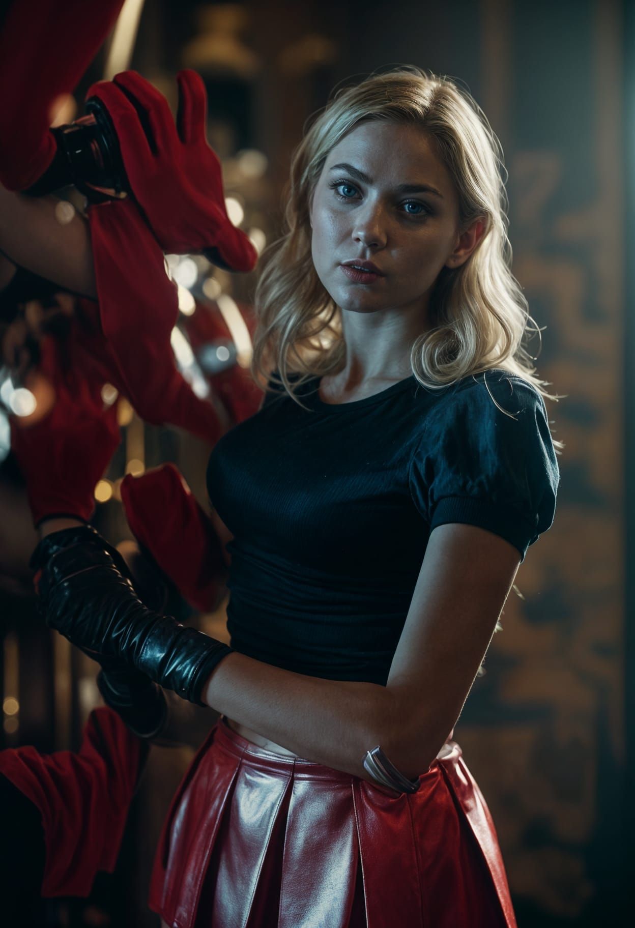 Hyperrealistic portrait of a beautiful woman wearing low cut v shirt, and a small black mini skirt, with red boots and gloves on. Blonde hai...