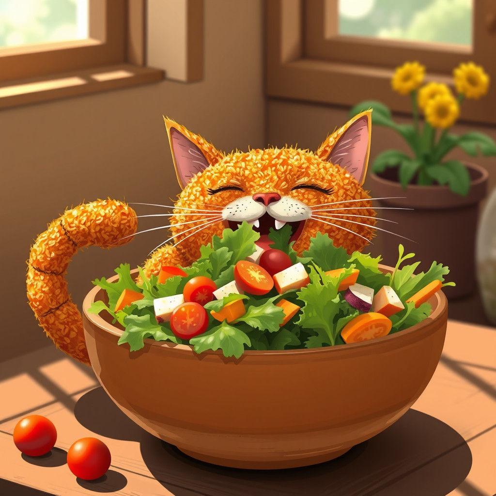 Falafel Cat Devouring Salad: A Whimsical Digital Illustratio...