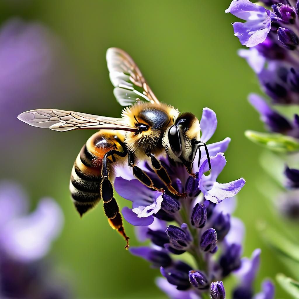 Macro Photography of a bee perched on a lavender flower.
