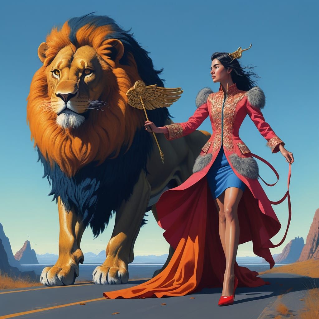 Regal Beauty Rides a Majestic Lion with Eagle Wings
