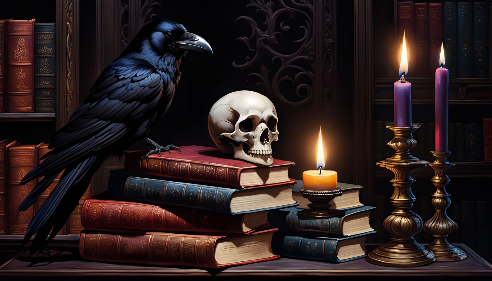 A painting of a raven sitting on a stack of books - AI Generated ...