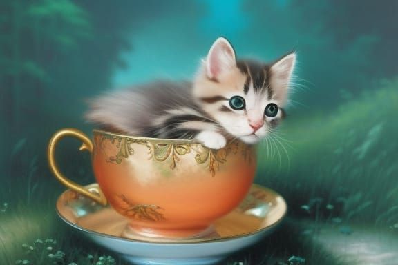 very cute little kitten in a tea-cup : r/nightcafe