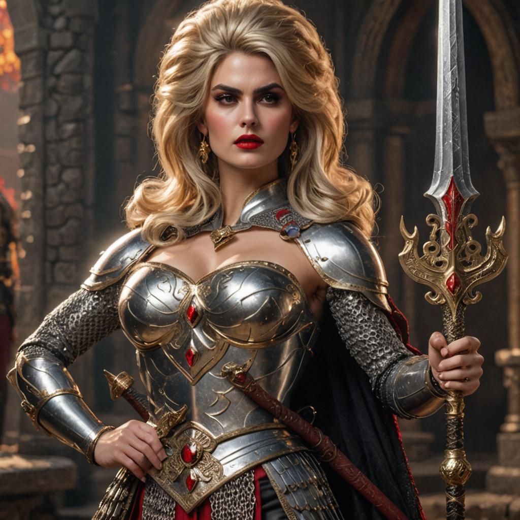 Female warrior, luxurious blonde beehive hairstyle, black ey...