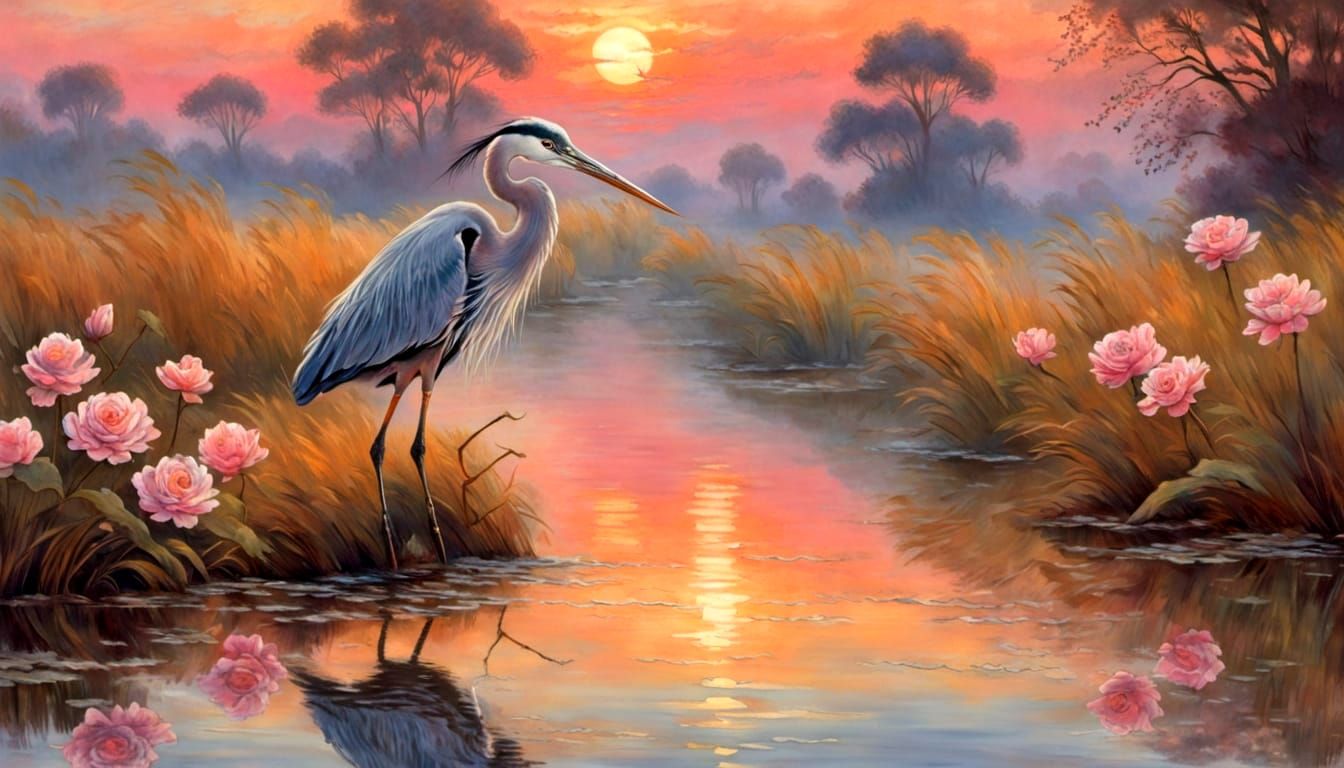 Fleeting Impressionist Whispers, exotic elegance, heron, rosy sunset, Rackham, Monet.  by @Hugo Raul