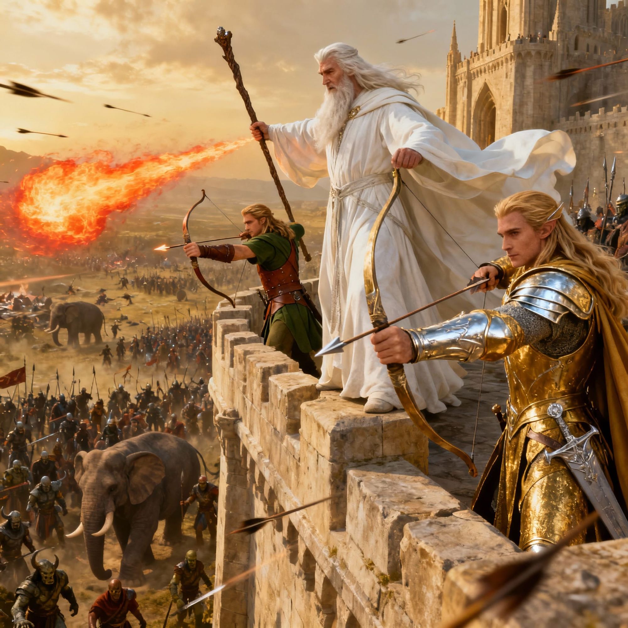 Atop the rampart walls of the great White City of Minas Tirith, Gandalf The White stands defiantly his Mage Staff raised as he casts a fireb...