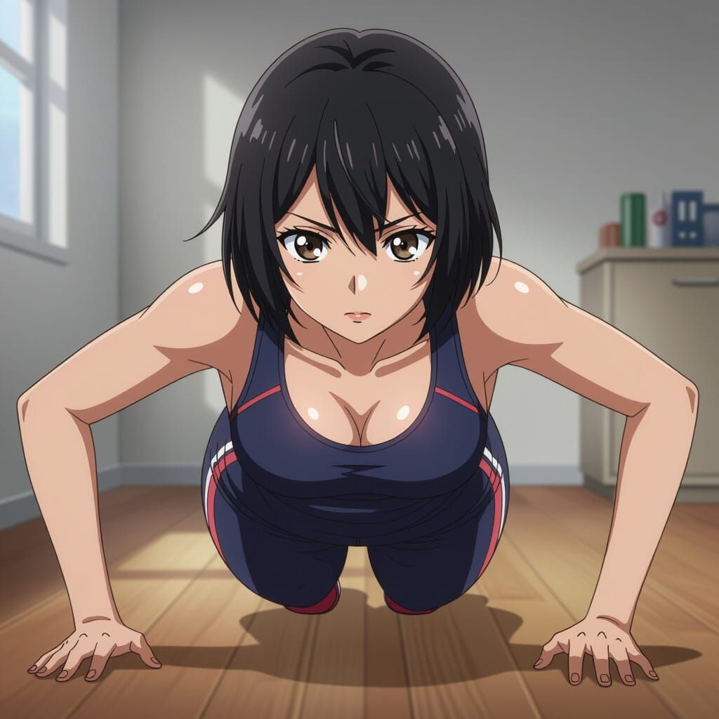 Anime Woman Doing Push-ups in Home Setting