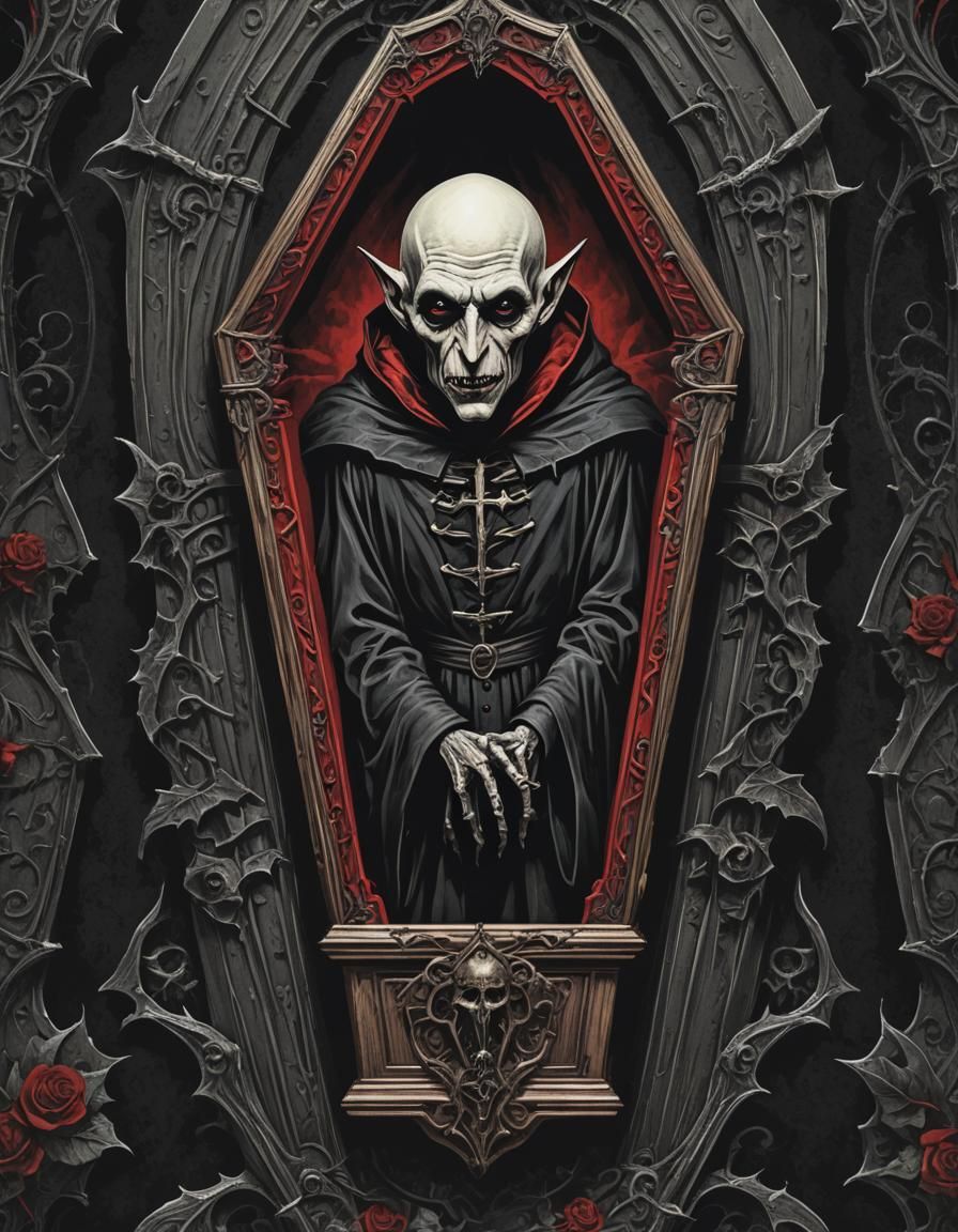 gothic coffin old horror dark nosferatu bat black and red ma...