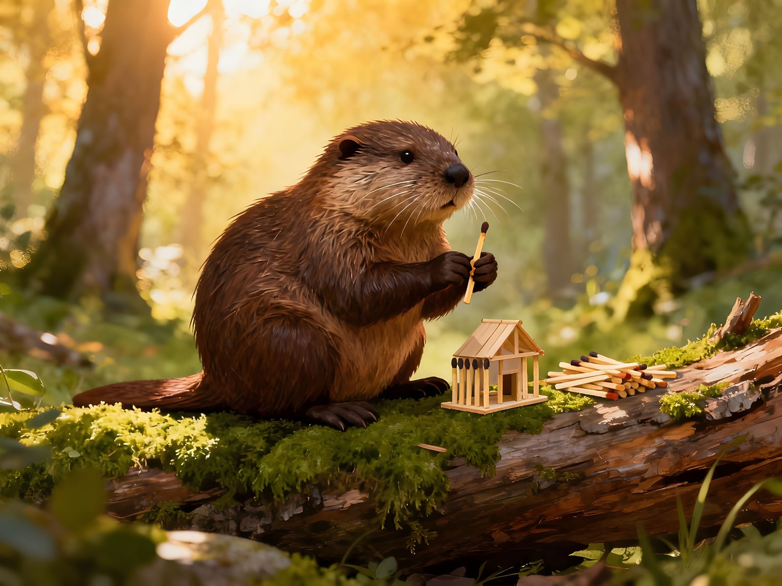 in a forest, beaver is making miniature models out of matchsticks  by @tsahel