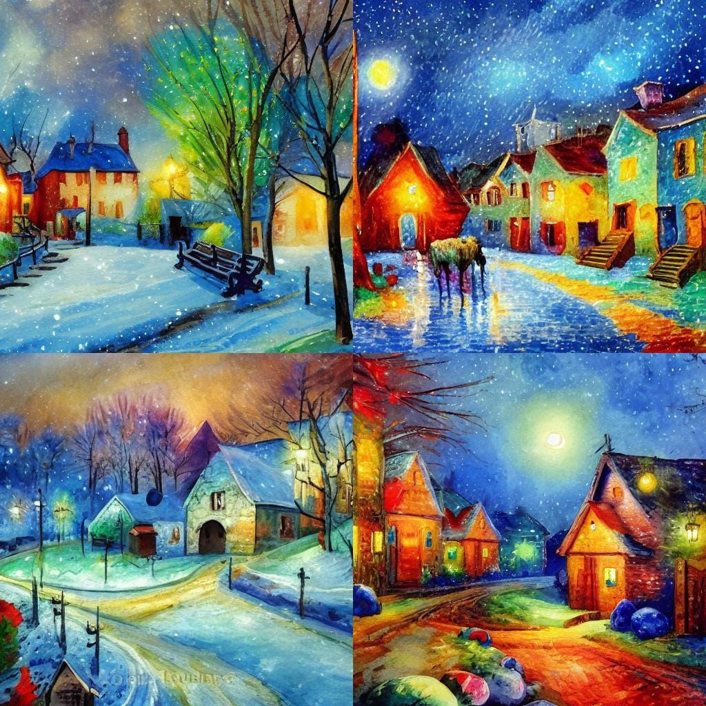 beautiful village Christmas scene landscape at night, colorf...