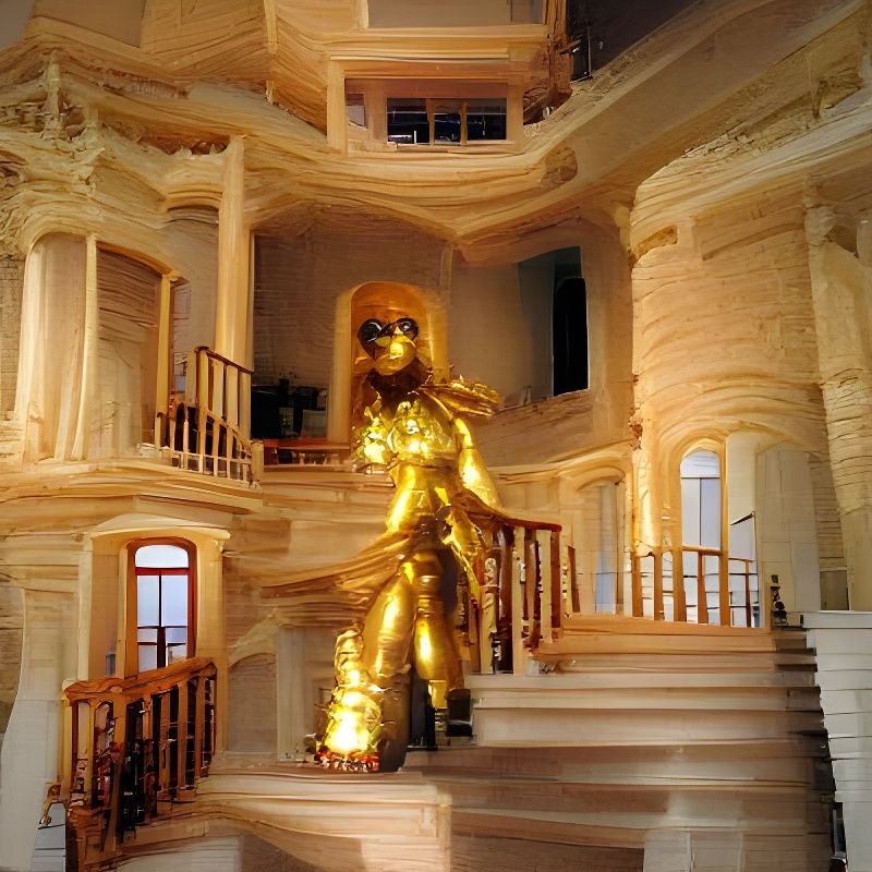 A golden statue inside a huge mansion