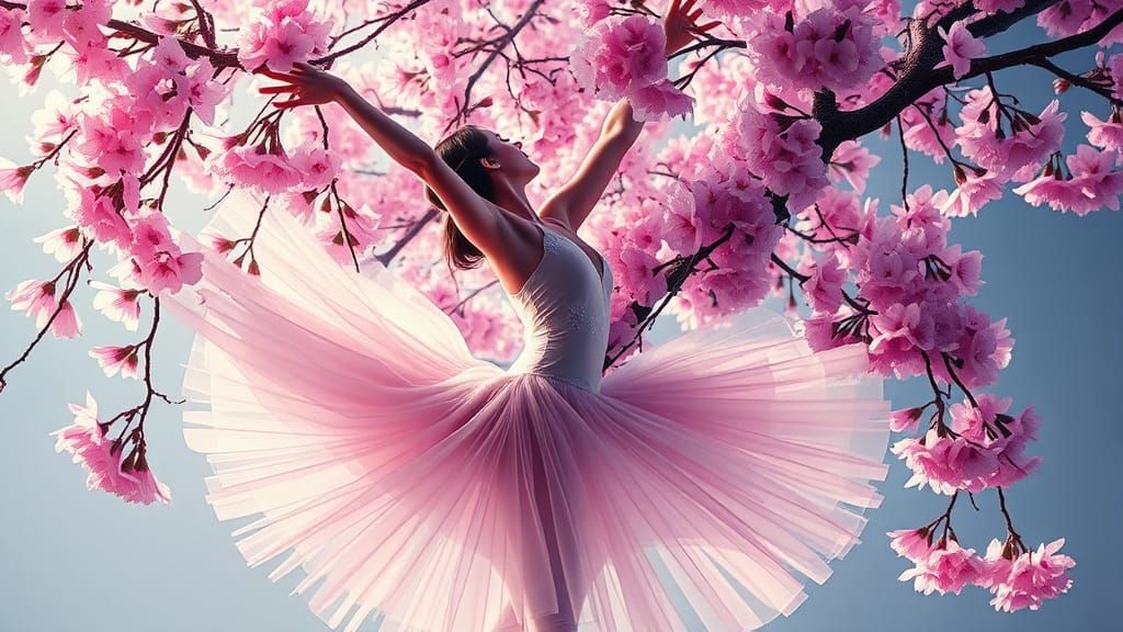 Ballet Dancer & Cherry Blossoms Double Exposure Art